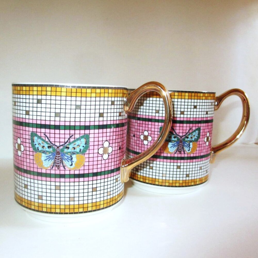 ANTHROPOLOGIE Bistro Tile Mug Butterfly 24K Gold Decaled Glazed Stoneware 14.75